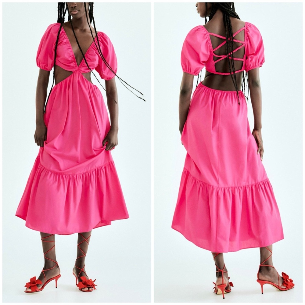 Zara Vibrant Hot Pink Cutout Midi Dress